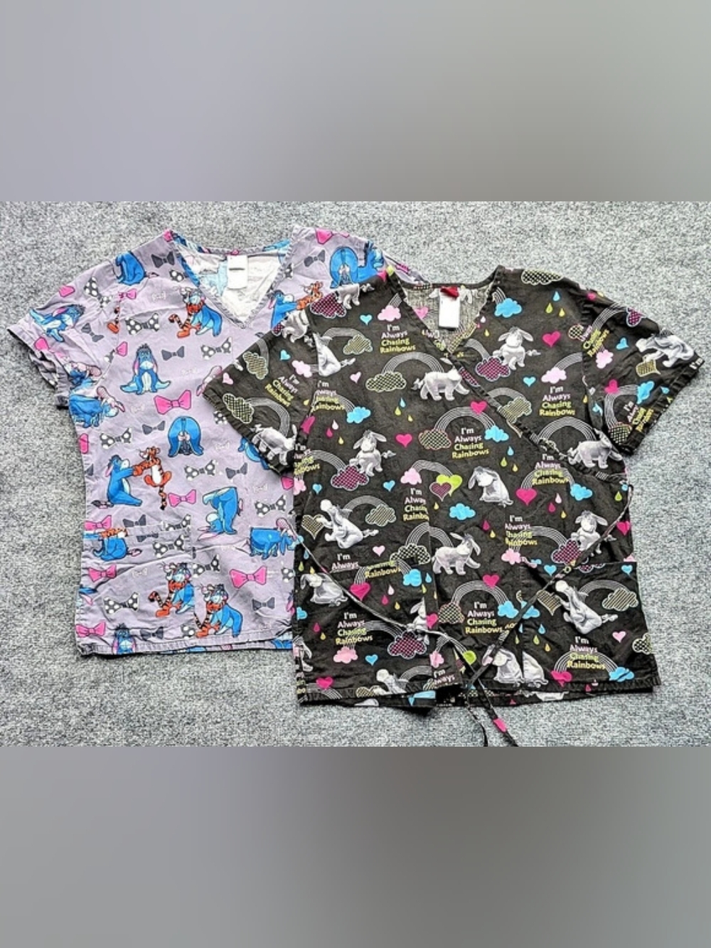 Disney Eeyore Tigger Bows Scrub Top Tops Black & Gray Medium